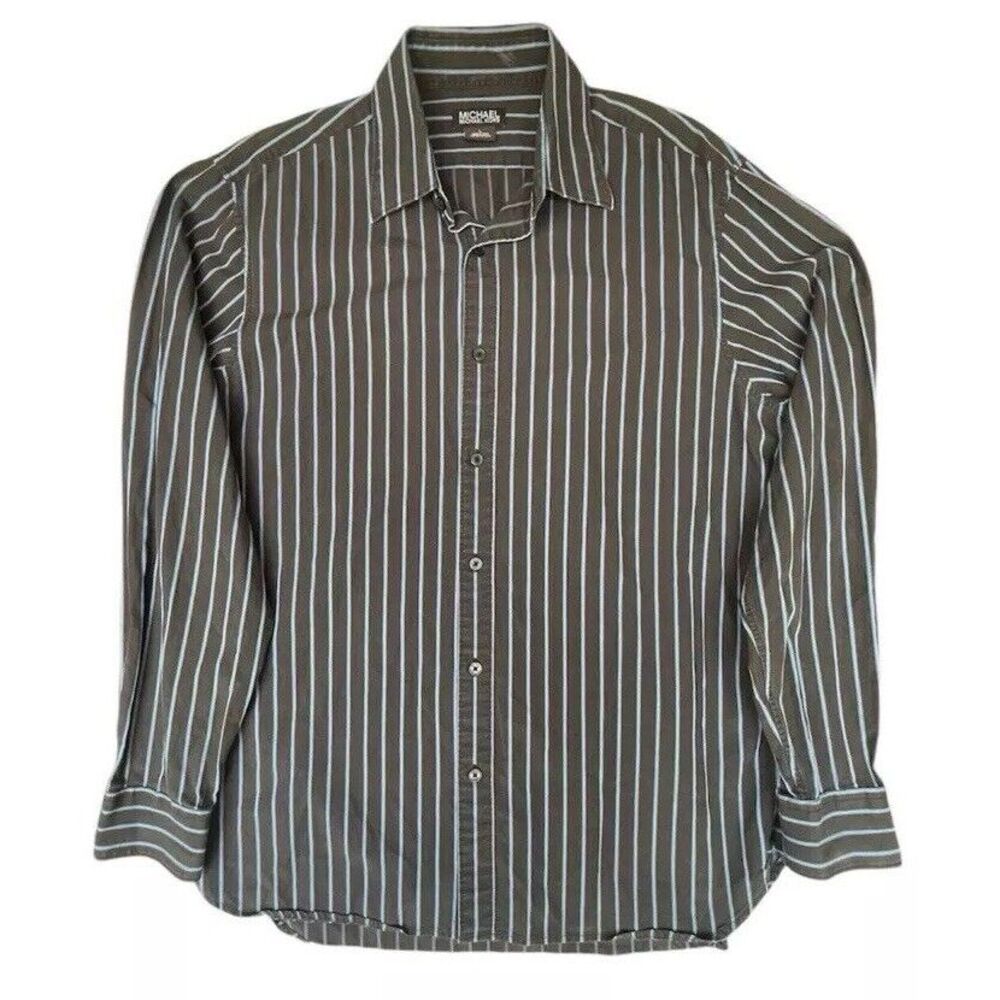 Michael Kors Mens Shirt Size L Brown Turquoise Pinstripe Button Up Finance Money